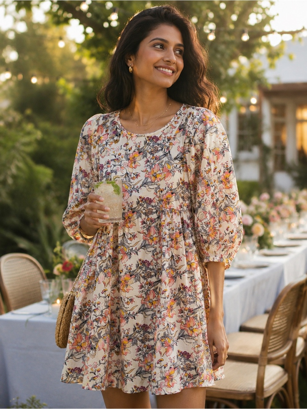 AVA JAMES Linen Blend Floral Mini Dress‎ Puff Sleeves Small Cottagecore Feminine